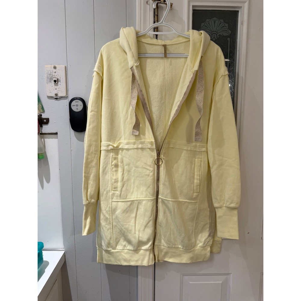 La Monne Pastel Yellow Longline Zip Up Hoodie Gold Hardware Metallic Drawstring